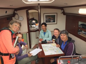 Sailors in the sailboat cabin